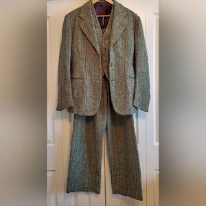 Vtg Kynoch Cloths Herringbone Tweed 3 Piece Suit Set Wool Peaky Blinders Newsies